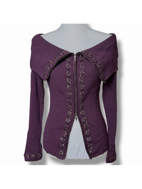 Cache Sweaters - Cache Y2K 90s Purple M Gabrielle Solis Off Shoulder Beaded Zip Up Sweater Ribbed